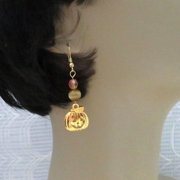 Gold Tone Pumpkin Dangle Drop Earrings for Halloween, Handmade Jewelry Women - Picture 3 of 7